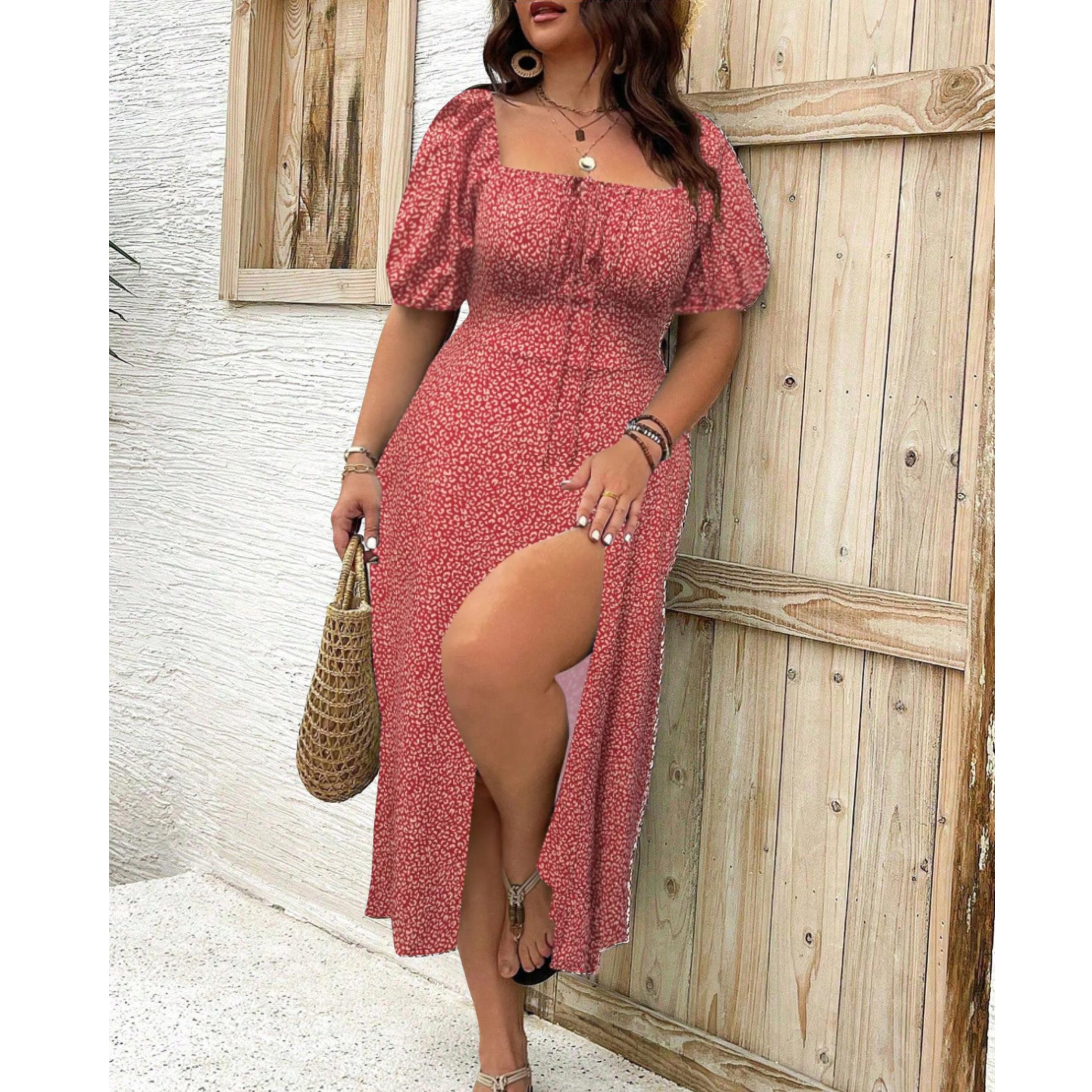 Plus Size Floral Puff Sleeve Maxi Dress