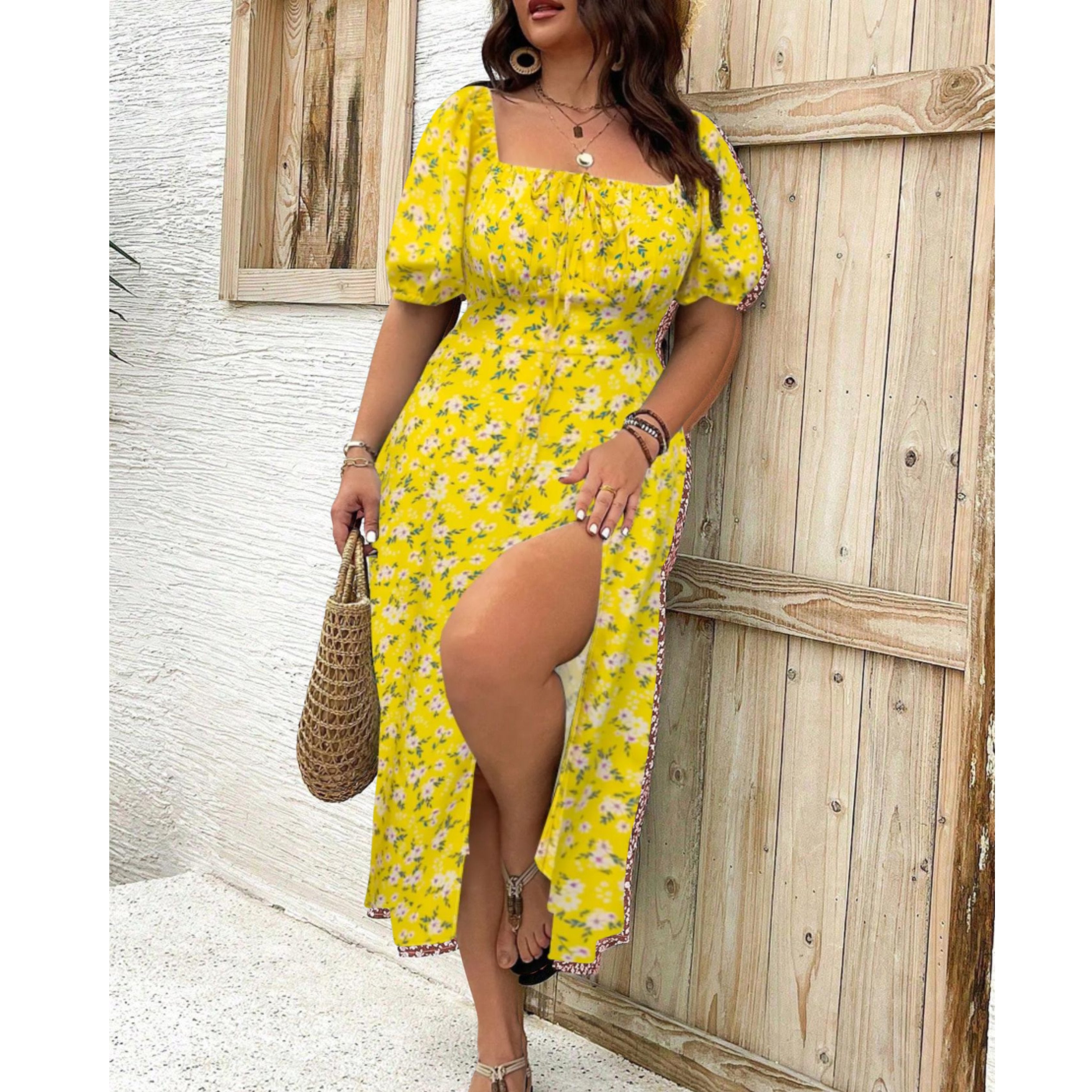 Plus Size Floral Puff Sleeve Maxi Dress