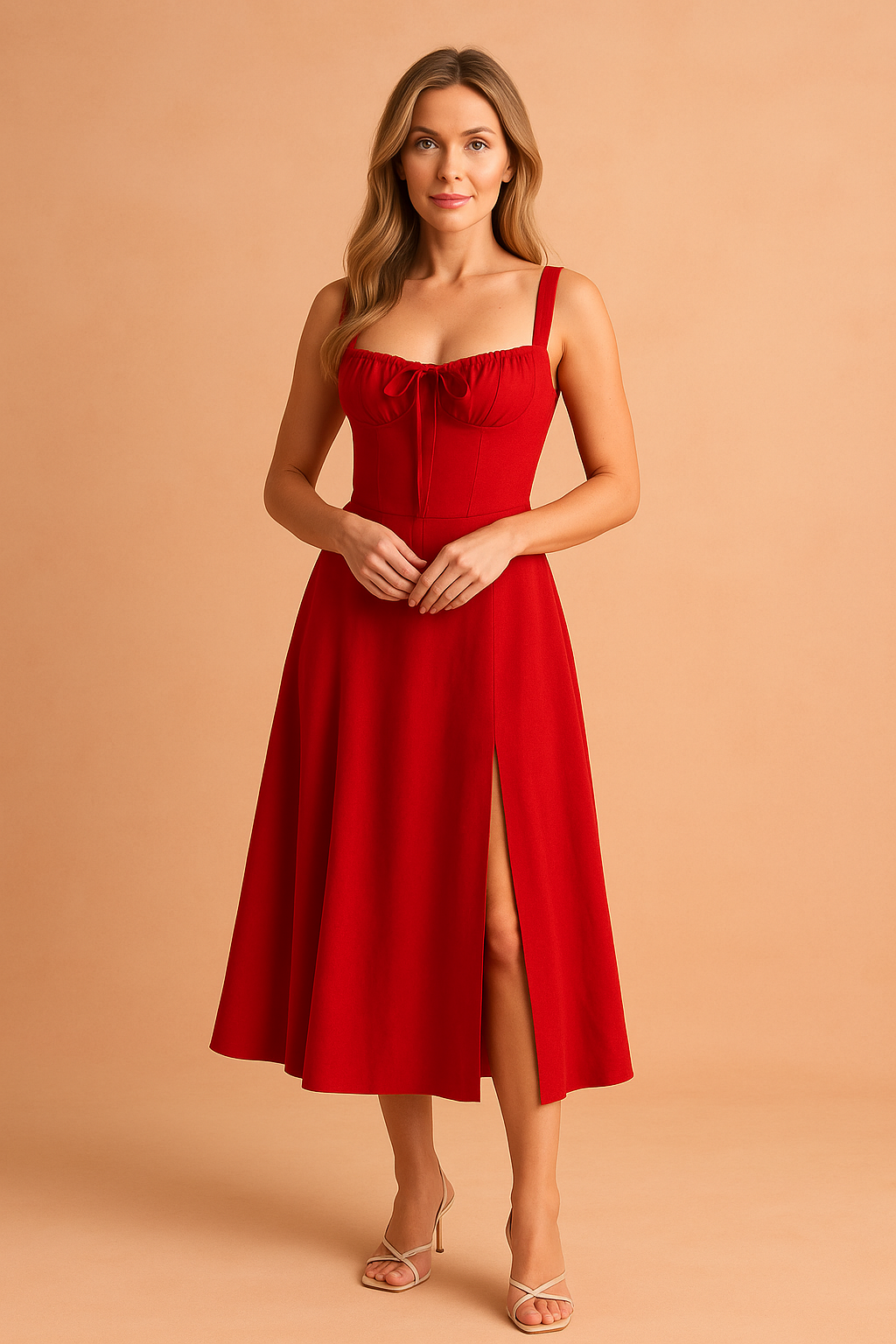 Floral Bustier Button Front Split Hem Midi Dress