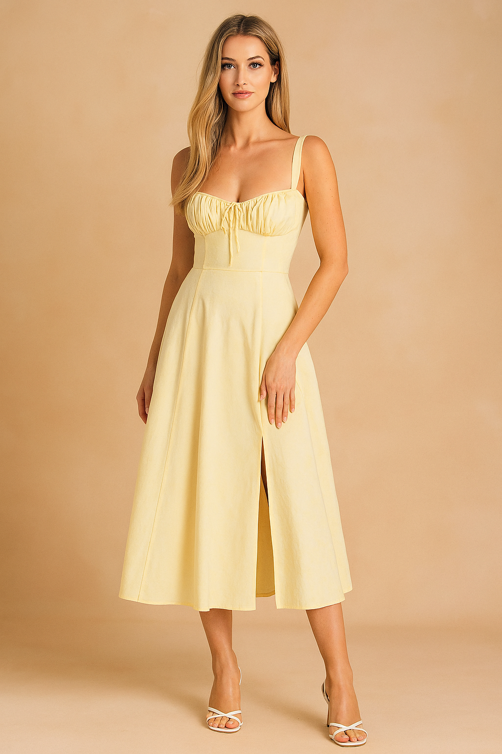 Floral Bustier Button Front Split Hem Midi Dress