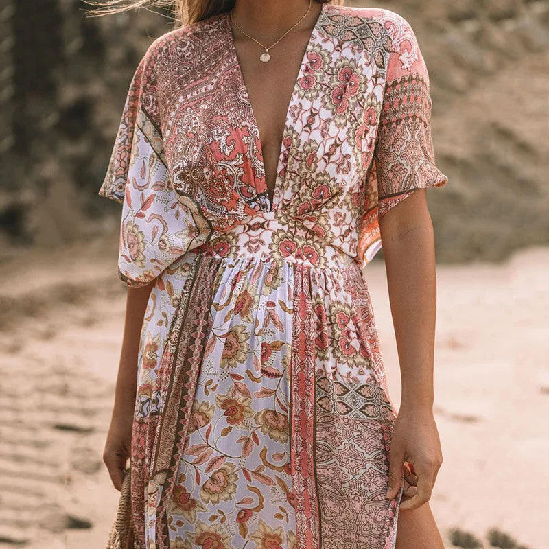 Flower Smock Gown Chiffon Swimsuit Cover Up Bohemian Dress