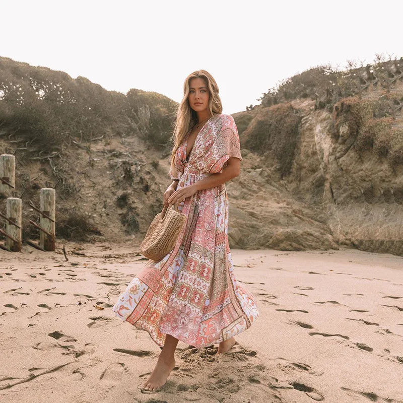Flower Smock Gown Chiffon Swimsuit Cover Up Bohemian Dress