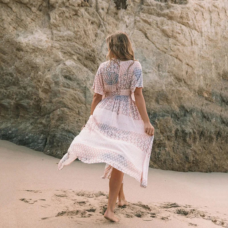 Flower Smock Gown Chiffon Swimsuit Cover Up Bohemian Dress