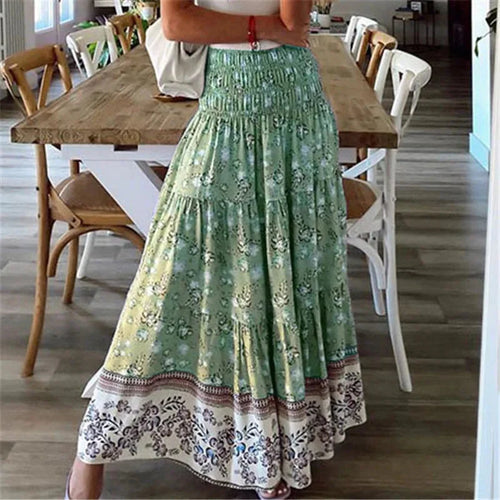 Casual Floral Elastic Waist Boho Style Skirt