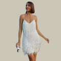 Beaded Fringe Feather Hem Spaghetti Strap Party Mini Dress