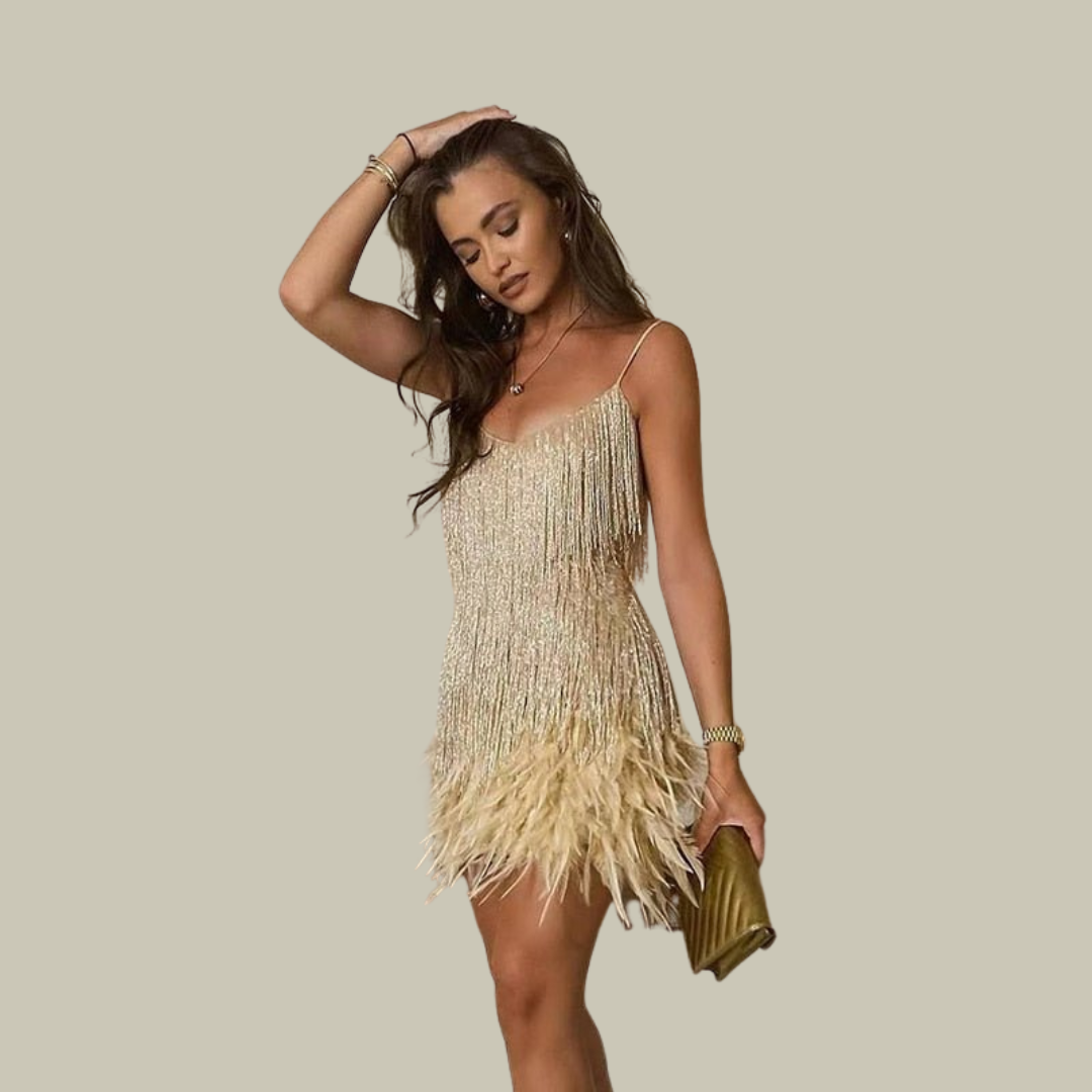 Beaded Fringe Feather Hem Spaghetti Strap Party Mini Dress