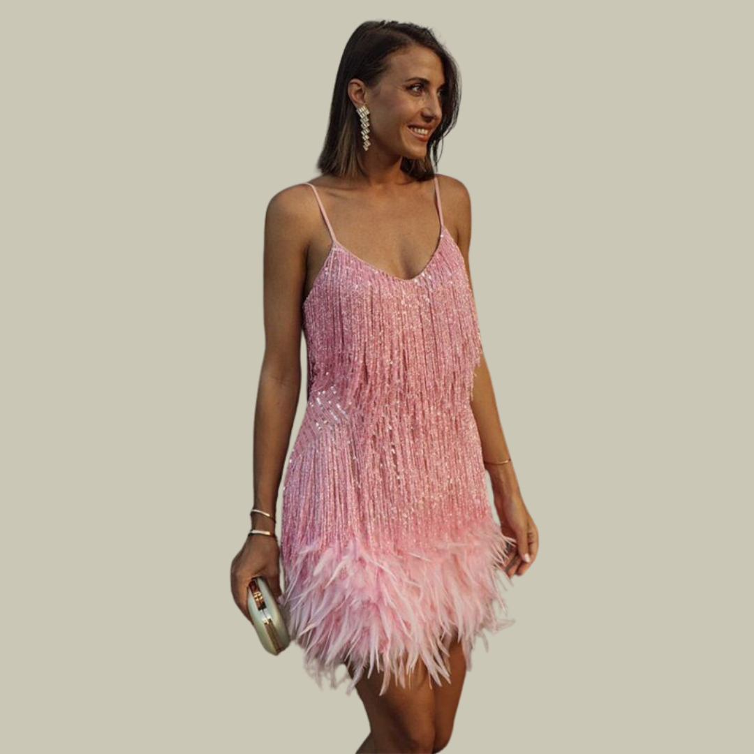 Beaded Fringe Feather Hem Spaghetti Strap Party Mini Dress