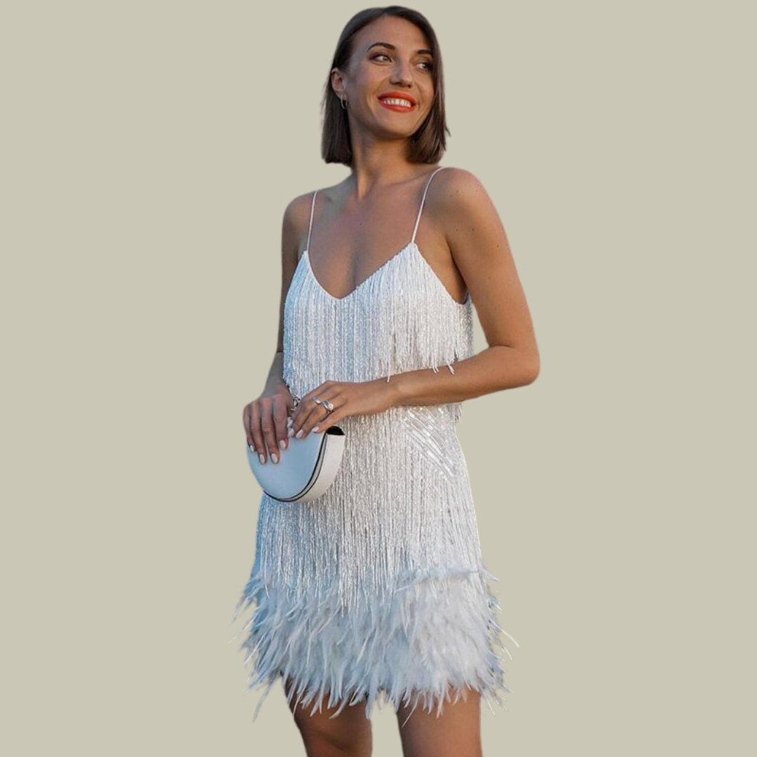 Beaded Fringe Feather Hem Spaghetti Strap Party Mini Dress