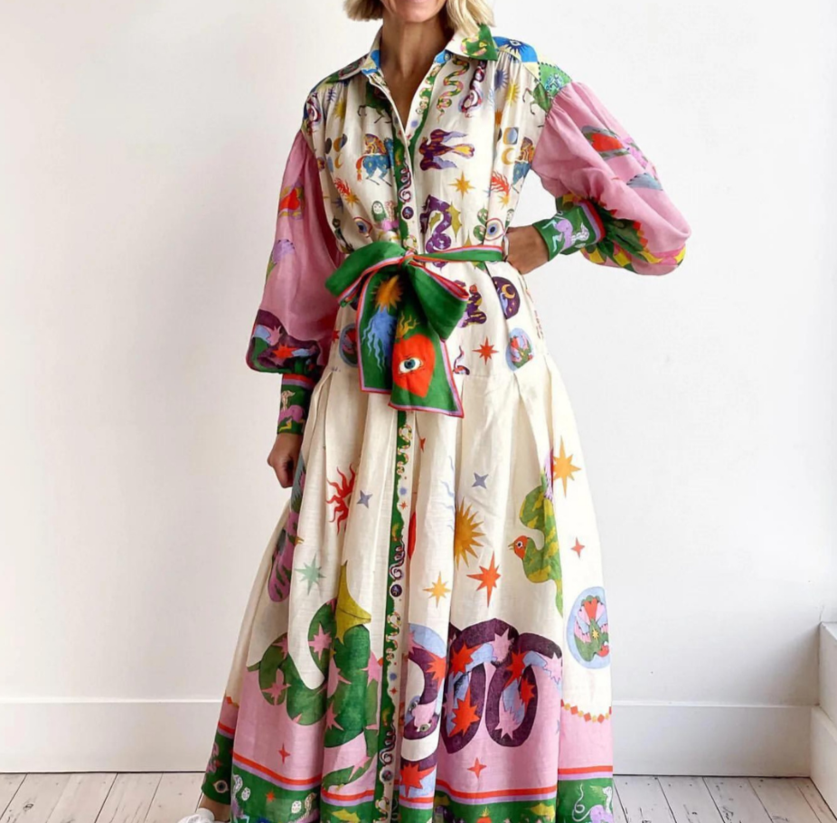 Floral Print Balloon Sleeve Belted Shirt Maxi Dress