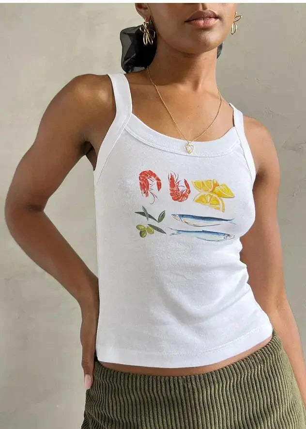 Cartoon Print O-Neck Crop Top