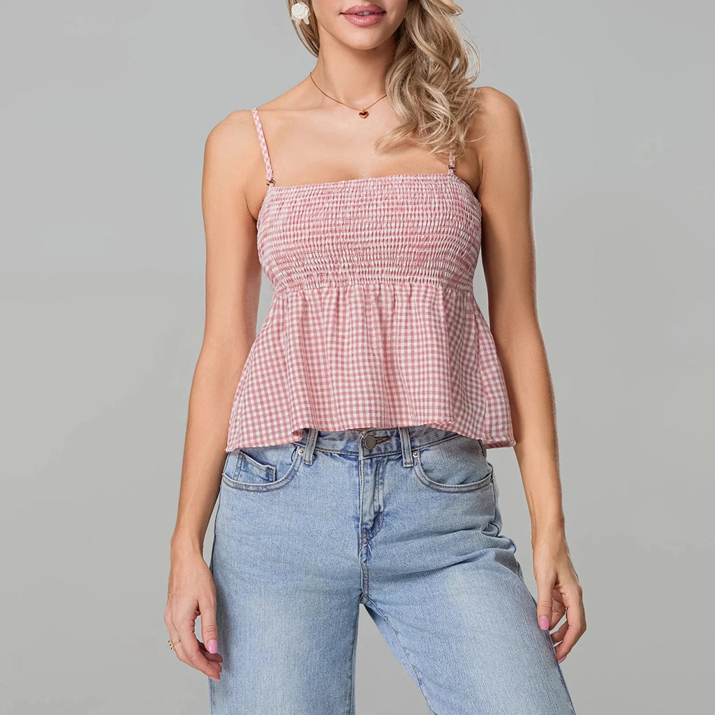 Smocked Gingham Peplum Crop Top