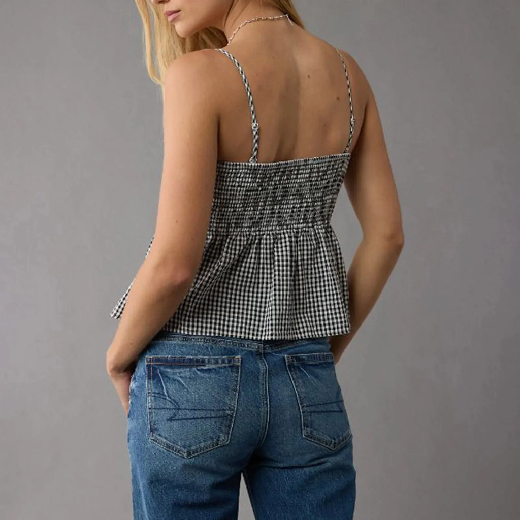 Smocked Gingham Peplum Crop Top