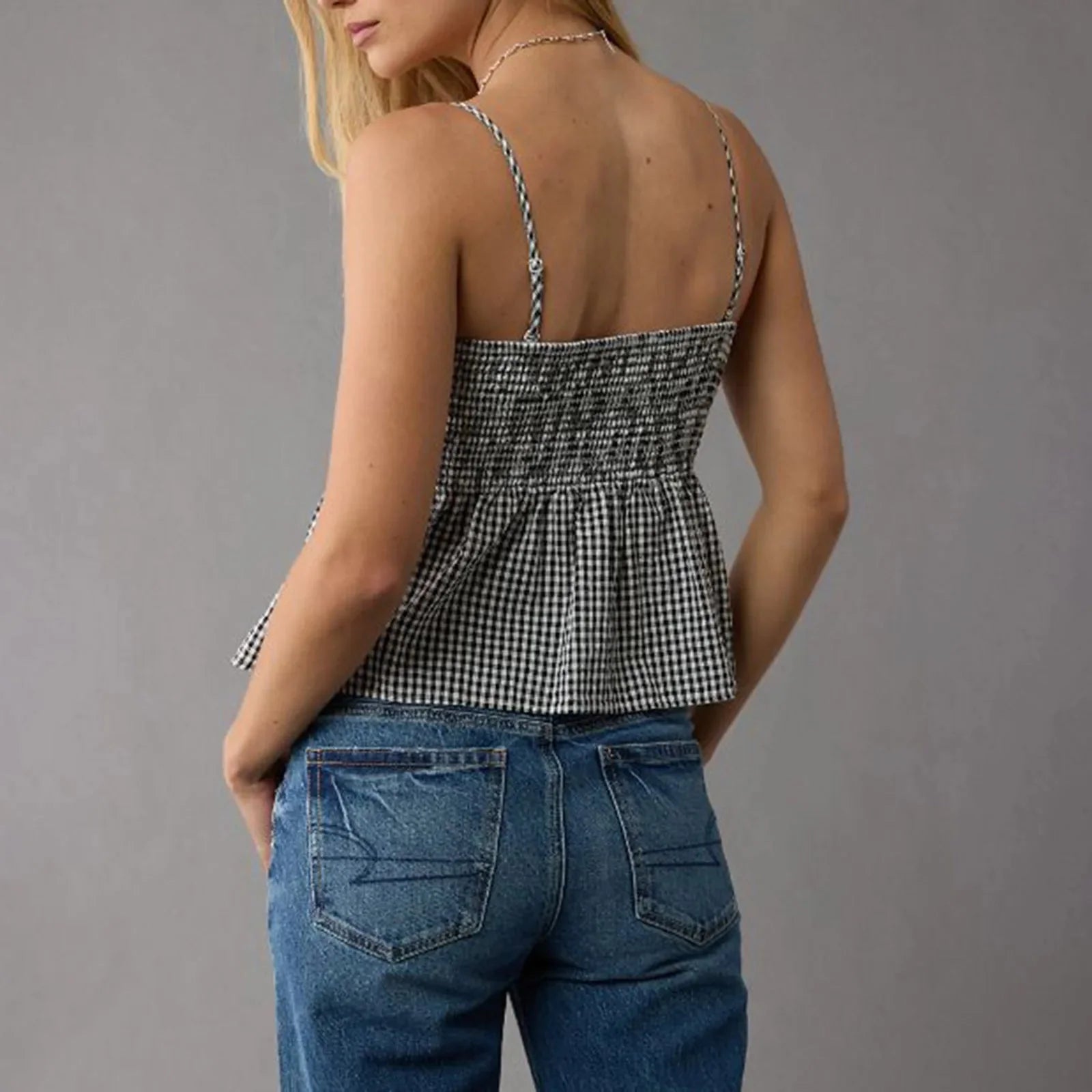 Smocked Gingham Peplum Crop Top
