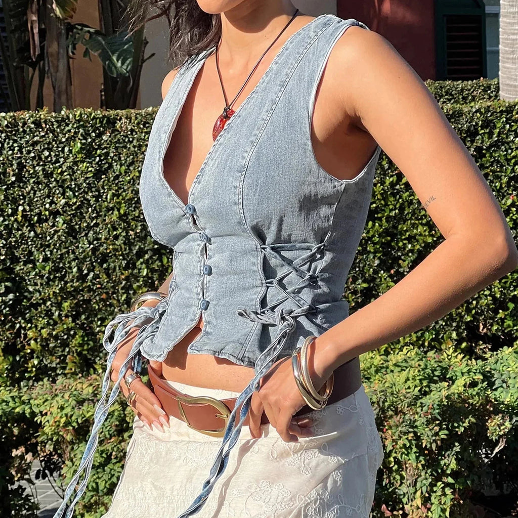 Denim Button V-Neck Crop Top