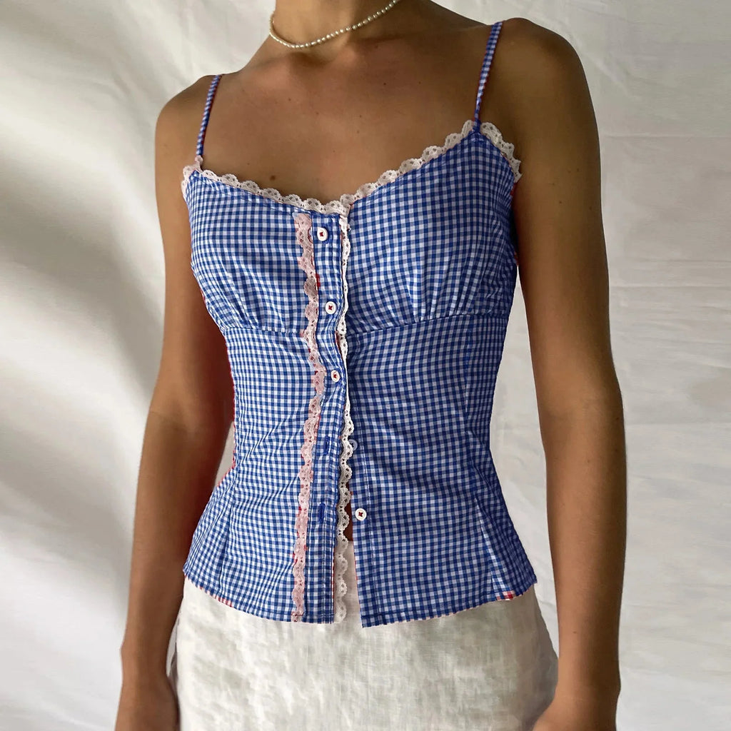 Sweetheart Plaid Button Crop Top