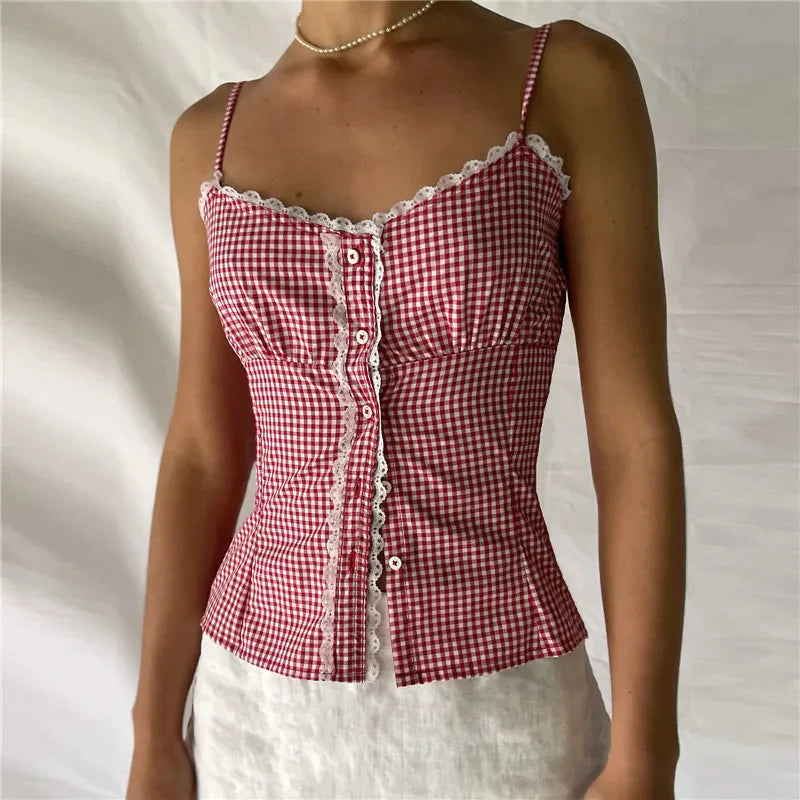 Sweetheart Plaid Button Crop Top