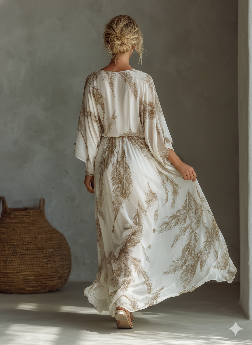 Feather Print Twist Front Batwing Sleeve Flowy Maxi Dress