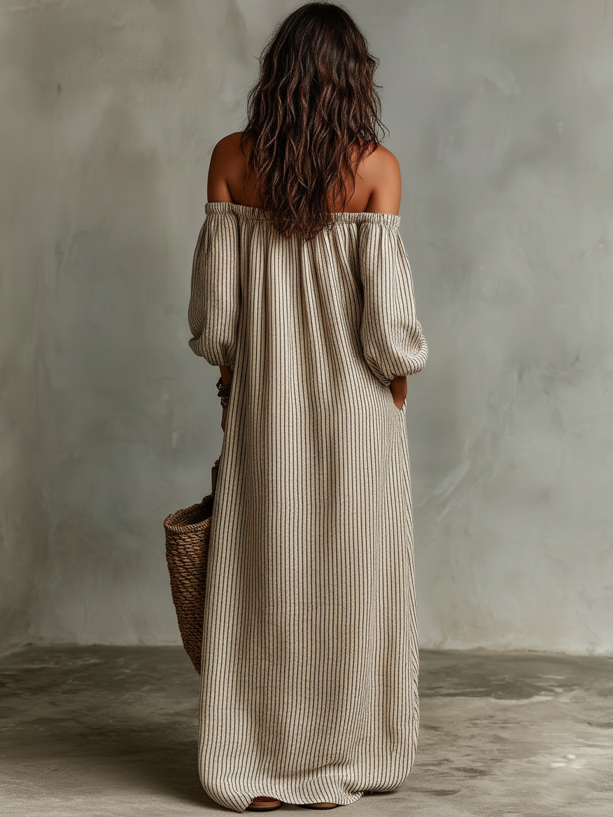 Striped Off Shoulder Puff Sleeve Casual Linen Maxi Dress