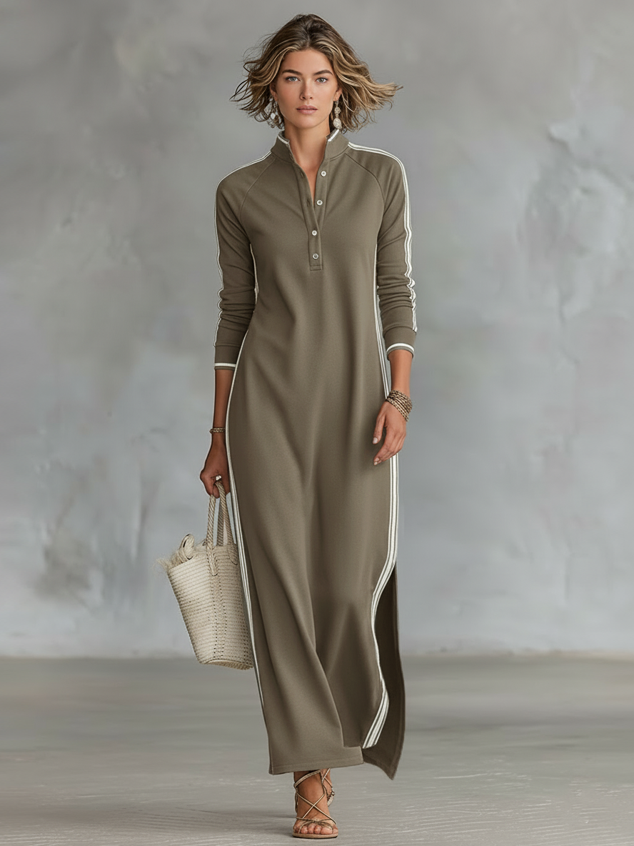 Contrast Trim Stand Collar Long Sleeve Casual Maxi Dress