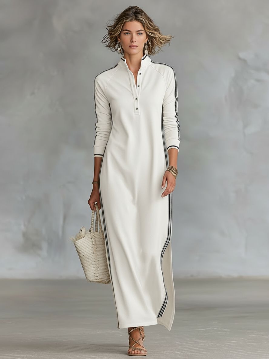 Contrast Trim Stand Collar Long Sleeve Casual Maxi Dress