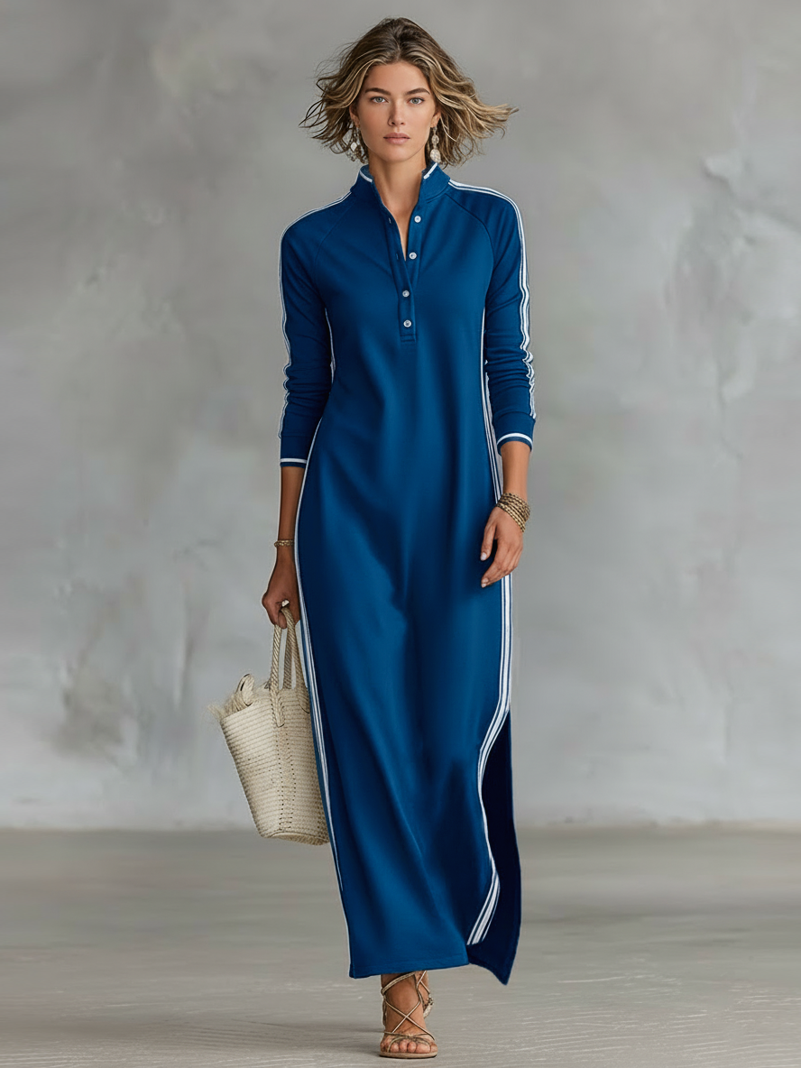 Contrast Trim Stand Collar Long Sleeve Casual Maxi Dress