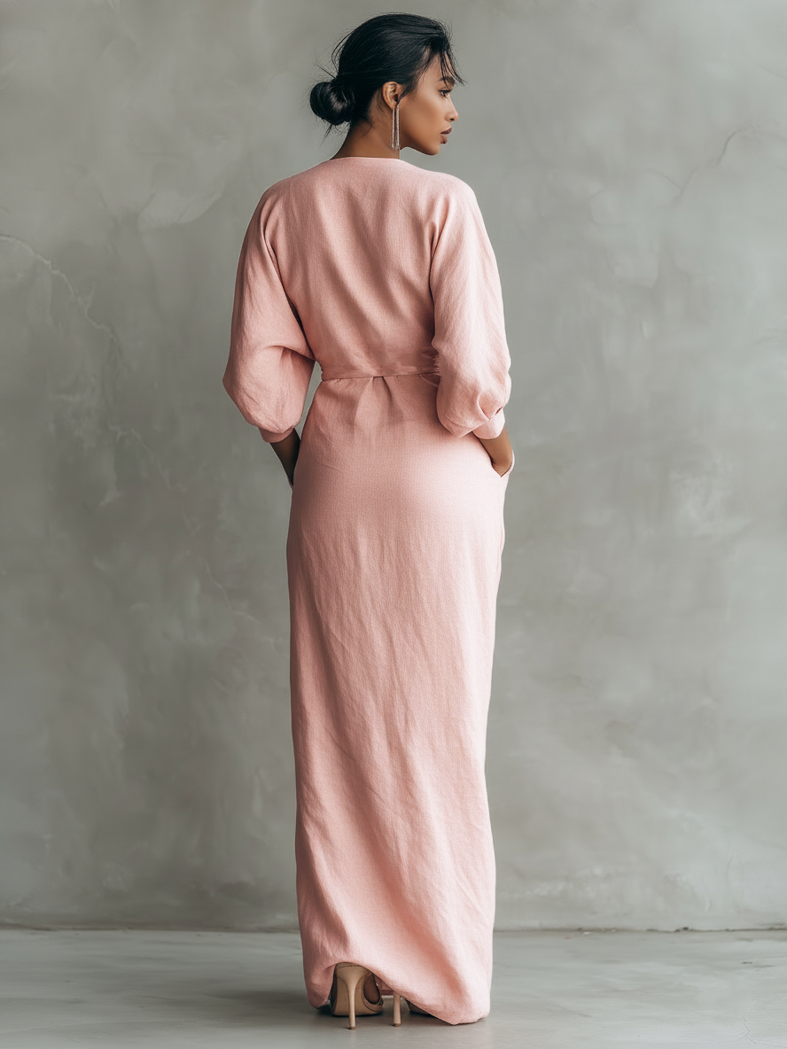 Draped Wrap V Neck Batwing Sleeve Linen Maxi Dress - Wedding Guest