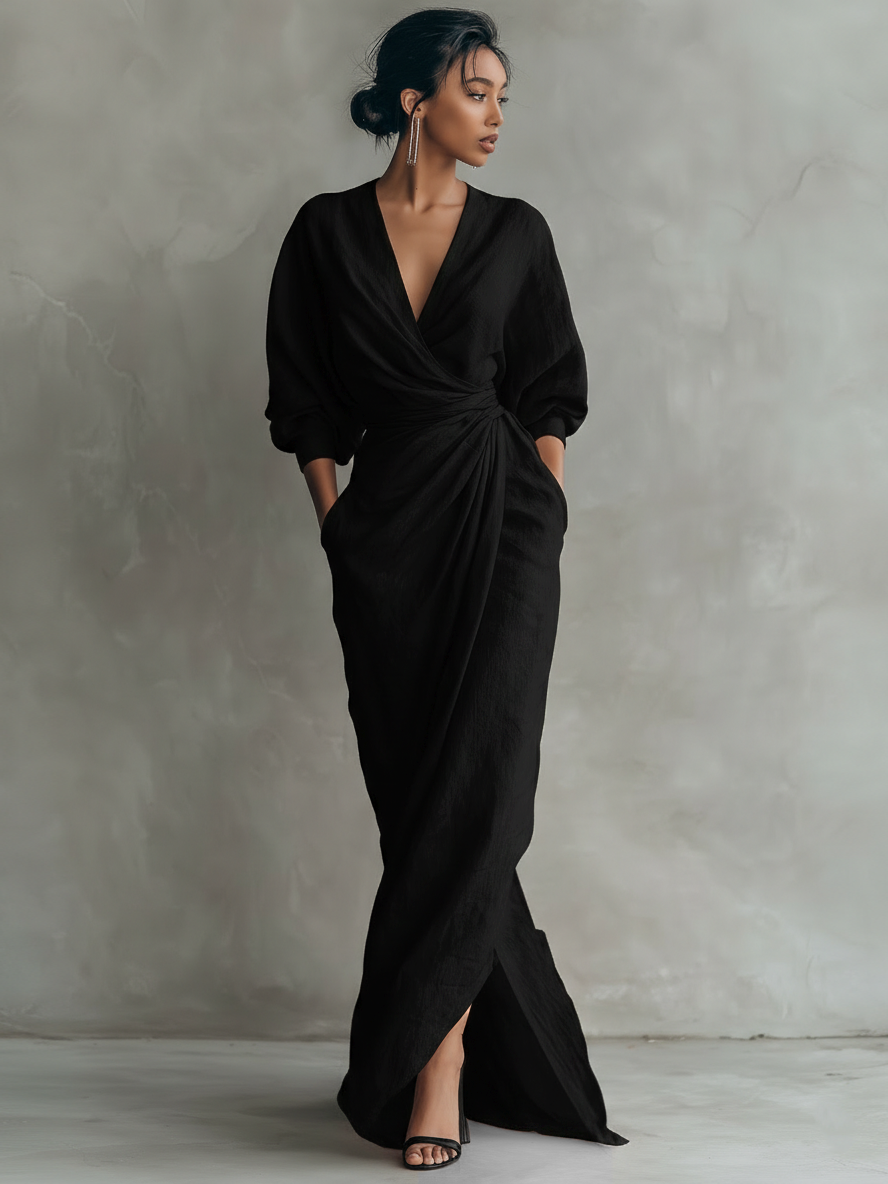 Draped Wrap V Neck Batwing Sleeve Linen Maxi Dress - Wedding Guest