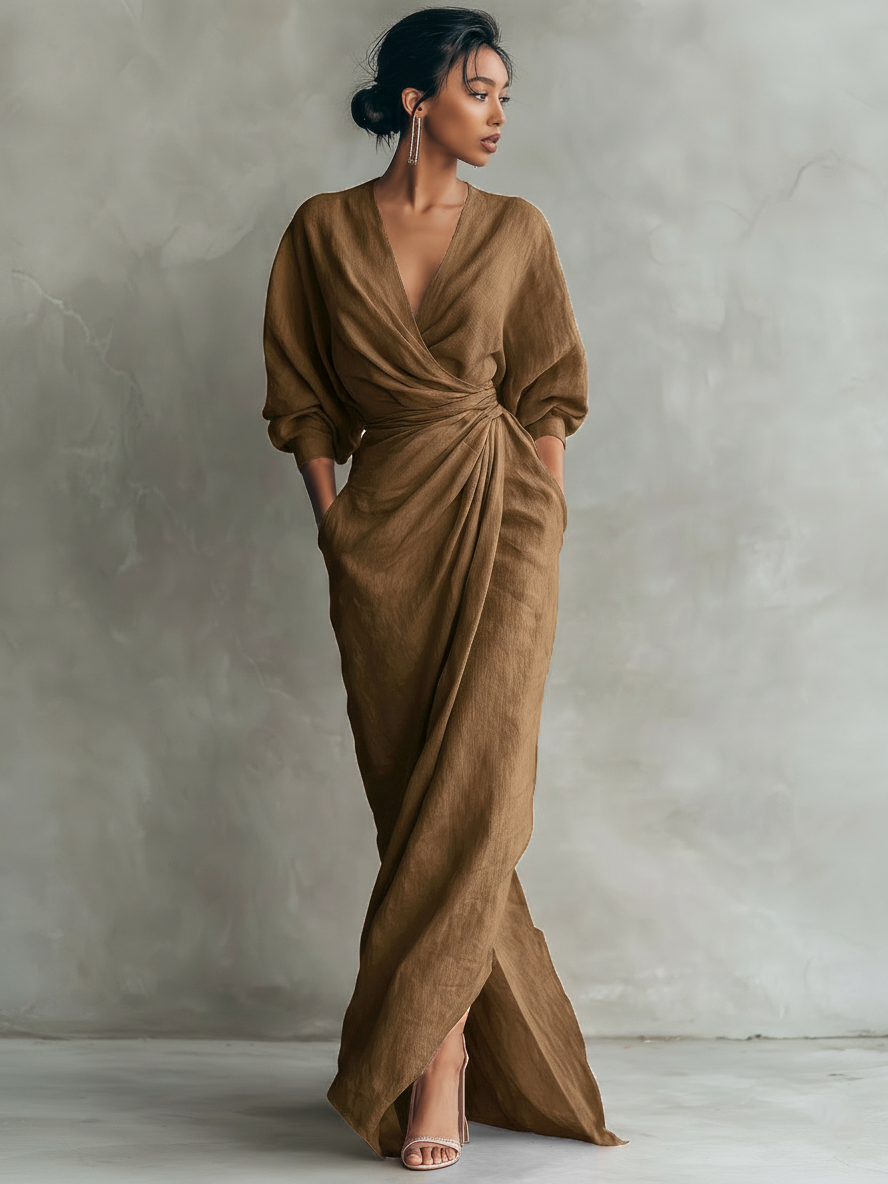Draped Wrap V Neck Batwing Sleeve Linen Maxi Dress - Wedding Guest