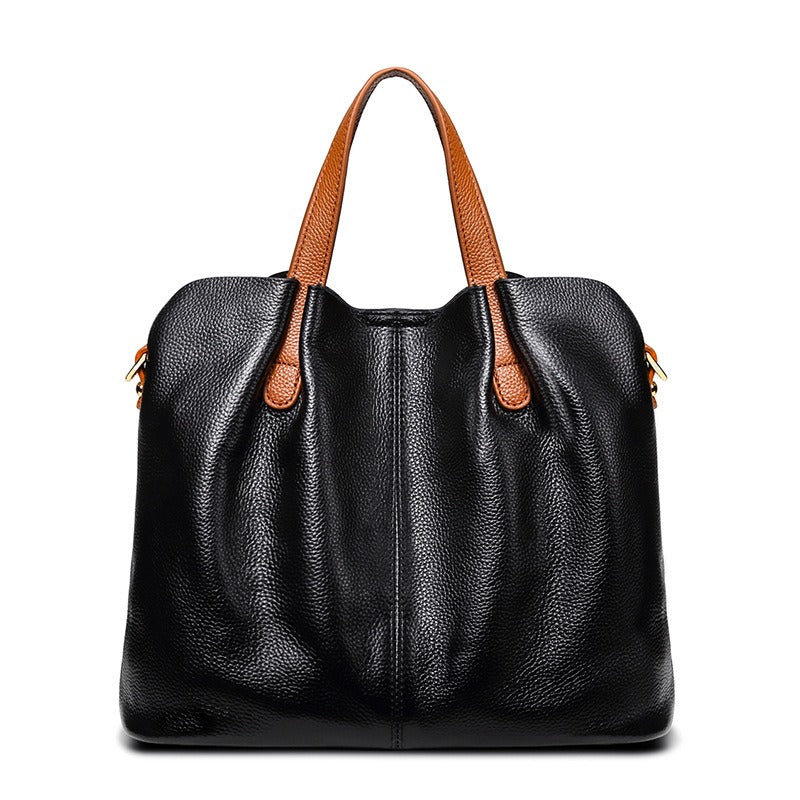 Contrast Handle Slouch Pebbled Leather Top Handle Shoulder Bag
