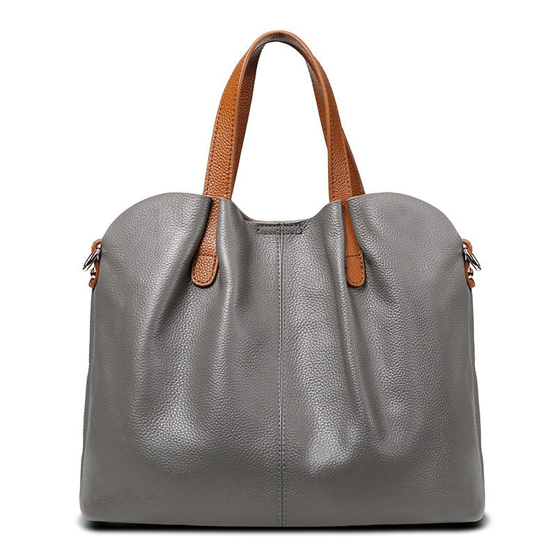 Contrast Handle Slouch Pebbled Leather Top Handle Shoulder Bag