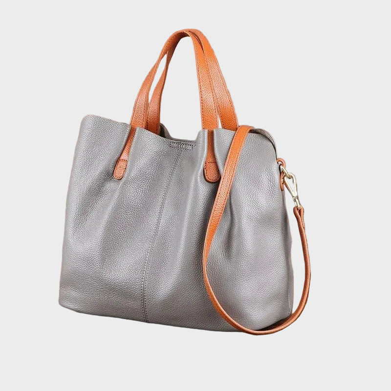 Contrast Handle Slouch Pebbled Leather Top Handle Shoulder Bag