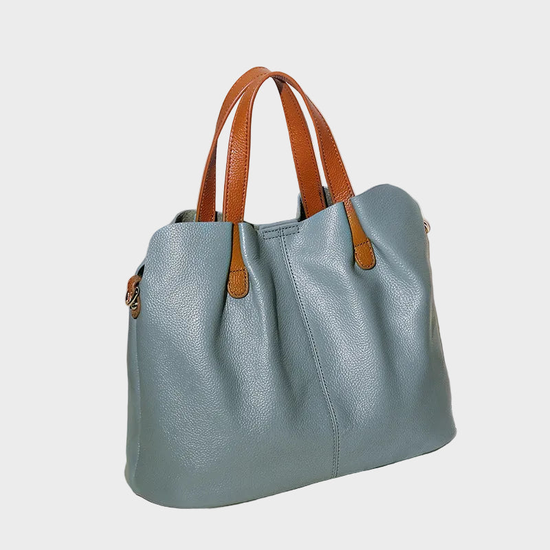 Contrast Handle Slouch Pebbled Leather Top Handle Shoulder Bag