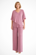 Cape Overlay V Neck Batwing Top Wide Leg Pant Two Piece Set