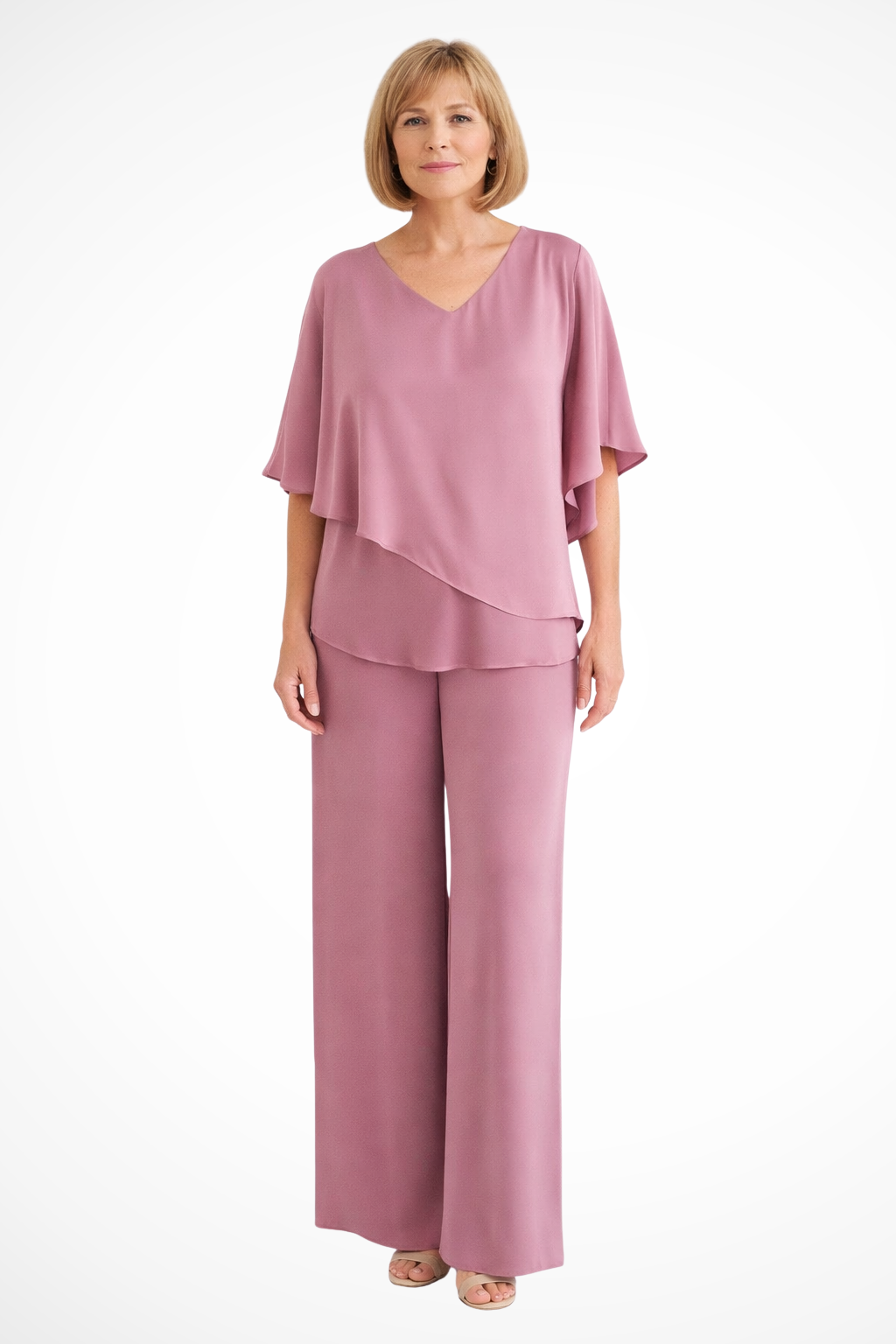 Cape Overlay V Neck Batwing Top Wide Leg Pant Two Piece Set