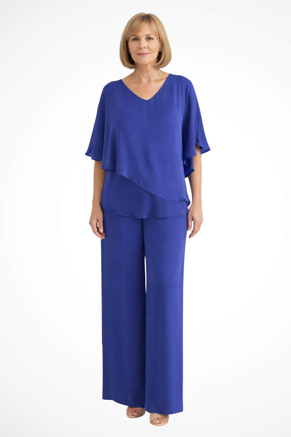 Cape Overlay V Neck Batwing Top Wide Leg Pant Two Piece Set