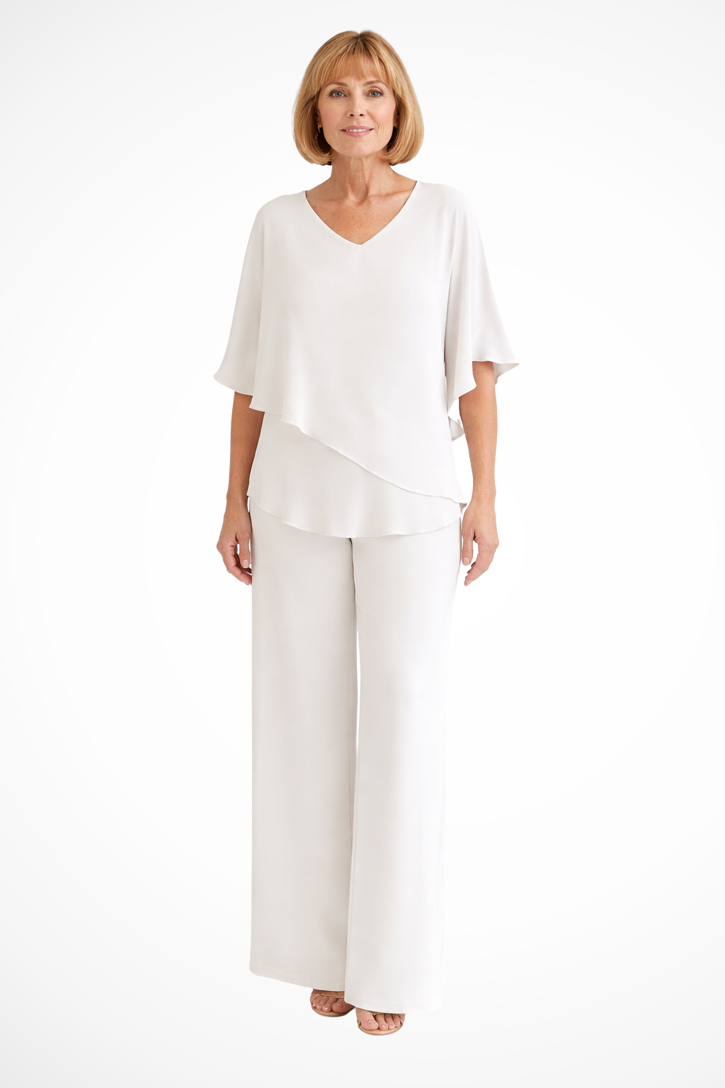 Cape Overlay V Neck Batwing Top Wide Leg Pant Two Piece Set