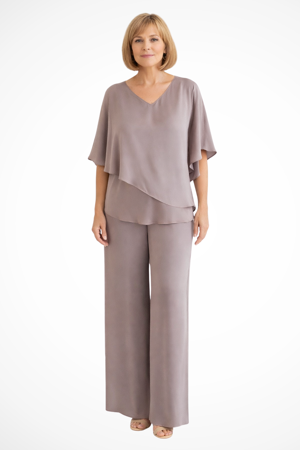 Cape Overlay V Neck Batwing Top Wide Leg Pant Two Piece Set