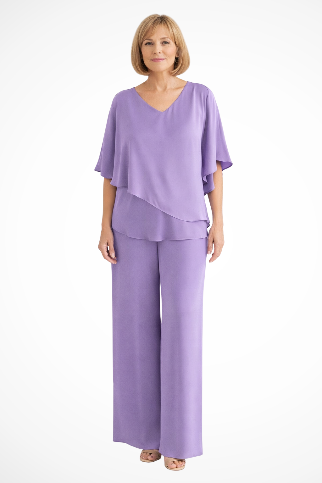 Cape Overlay V Neck Batwing Top Wide Leg Pant Two Piece Set
