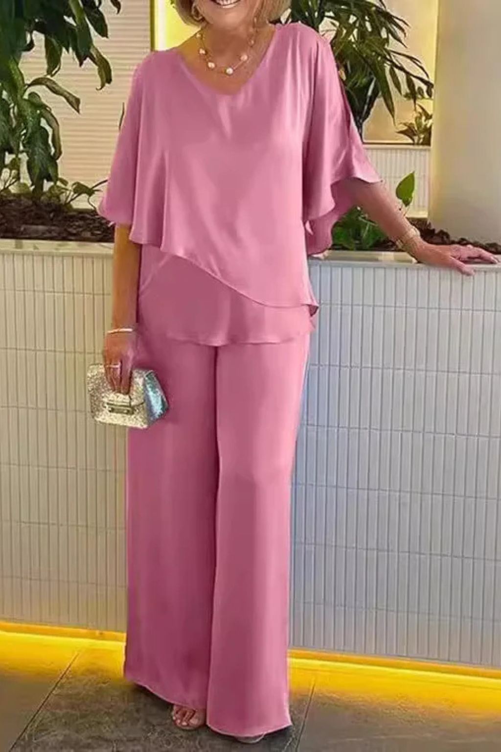 Cape Overlay V Neck Batwing Top Wide Leg Pant Two Piece Set