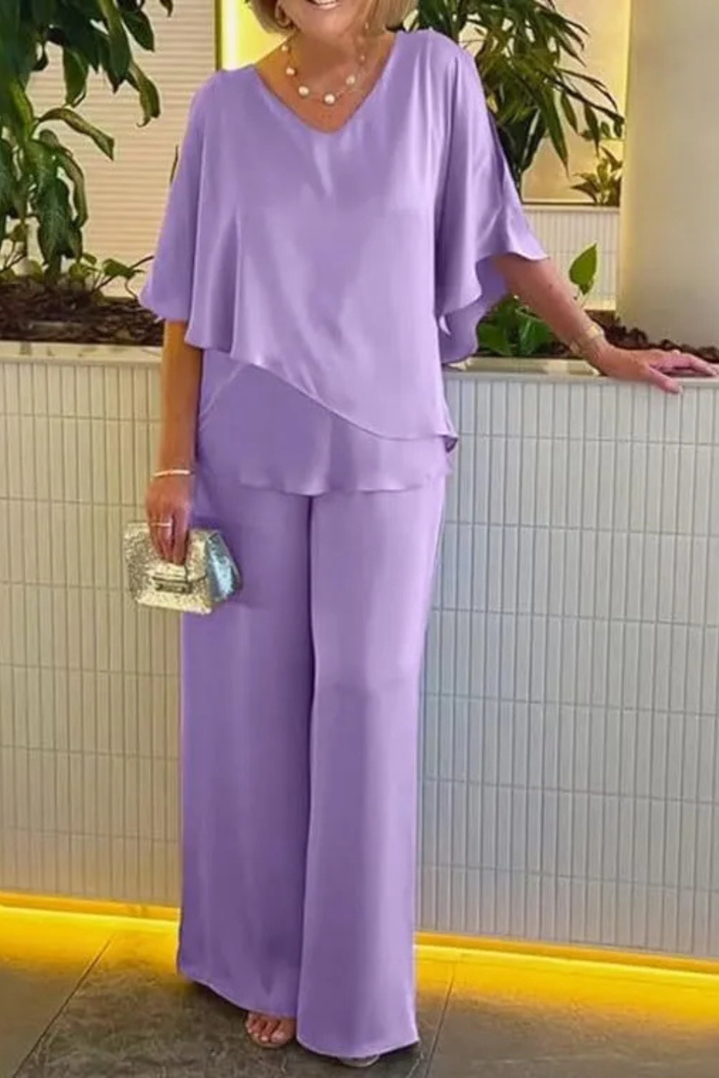Cape Overlay V Neck Batwing Top Wide Leg Pant Two Piece Set