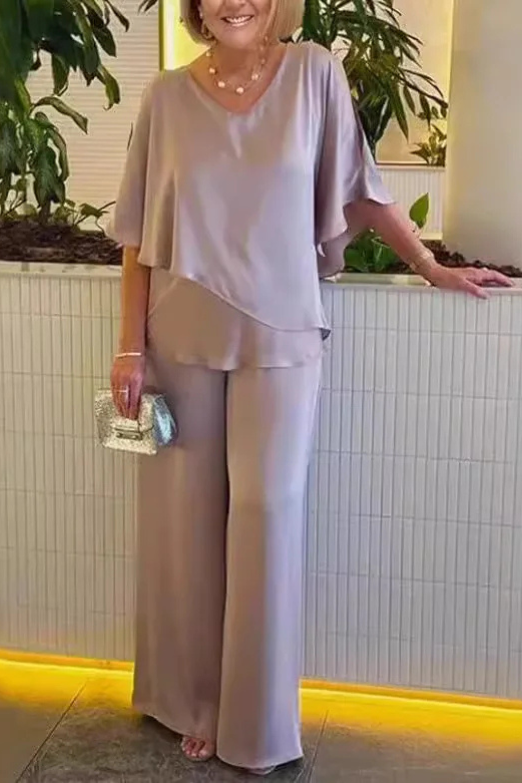 Cape Overlay V Neck Batwing Top Wide Leg Pant Two Piece Set