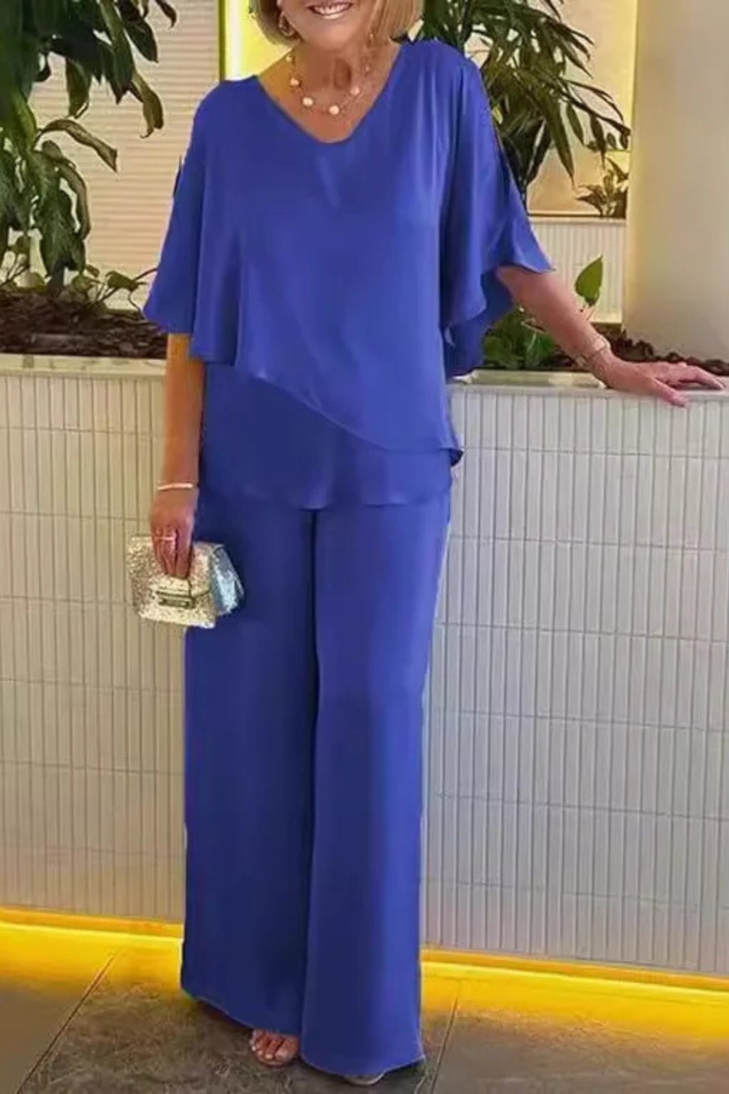 Cape Overlay V Neck Batwing Top Wide Leg Pant Two Piece Set