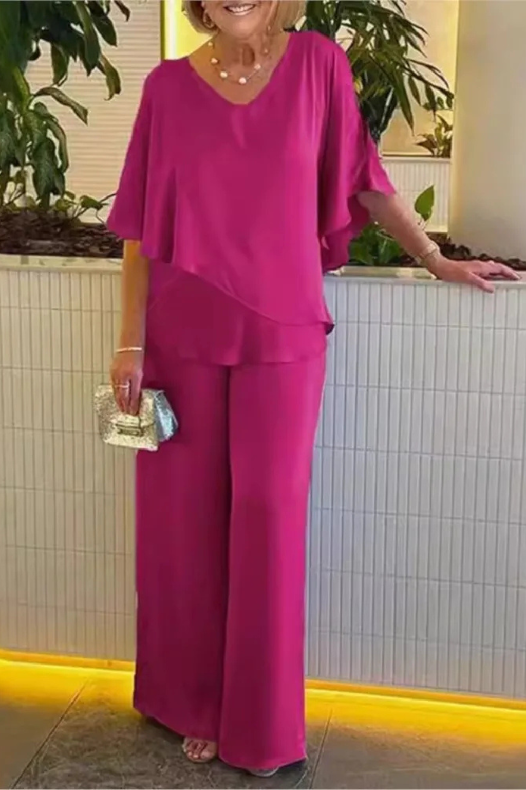 Cape Overlay V Neck Batwing Top Wide Leg Pant Two Piece Set