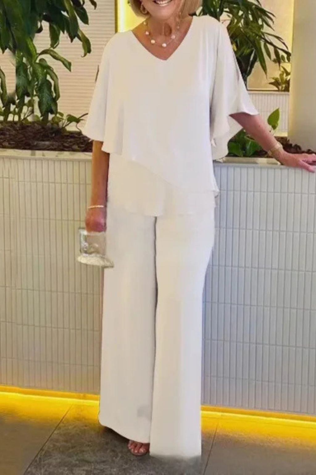 Cape Overlay V Neck Batwing Top Wide Leg Pant Two Piece Set