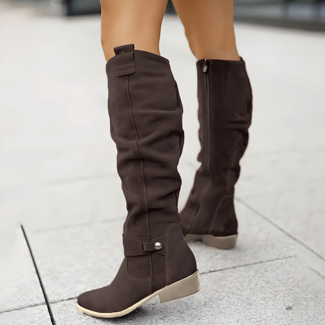 Suede Slouch Ankle Strap Low Block Heel Knee High Boots