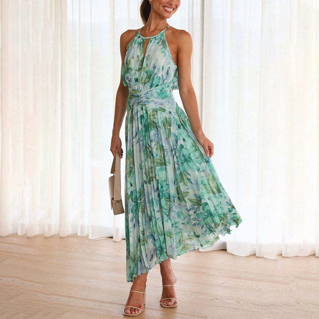 Floral Halter Neck Pleated Twist Waist Maxi Dress - Wedding Guest