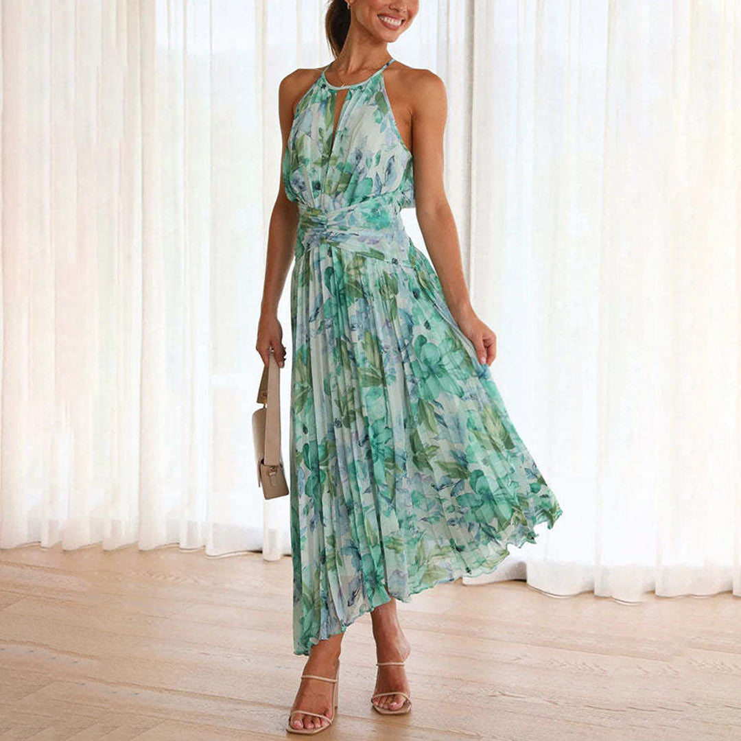 Floral Halter Neck Pleated Twist Waist Maxi Dress - Wedding Guest