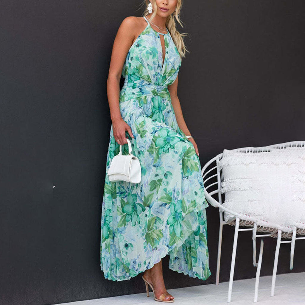 Floral Halter Neck Pleated Twist Waist Maxi Dress - Wedding Guest