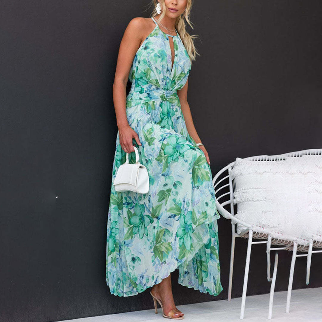 Floral Halter Neck Pleated Twist Waist Maxi Dress - Wedding Guest
