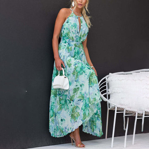 Floral Halter Neck Pleated Twist Waist Maxi Dress - Wedding Guest